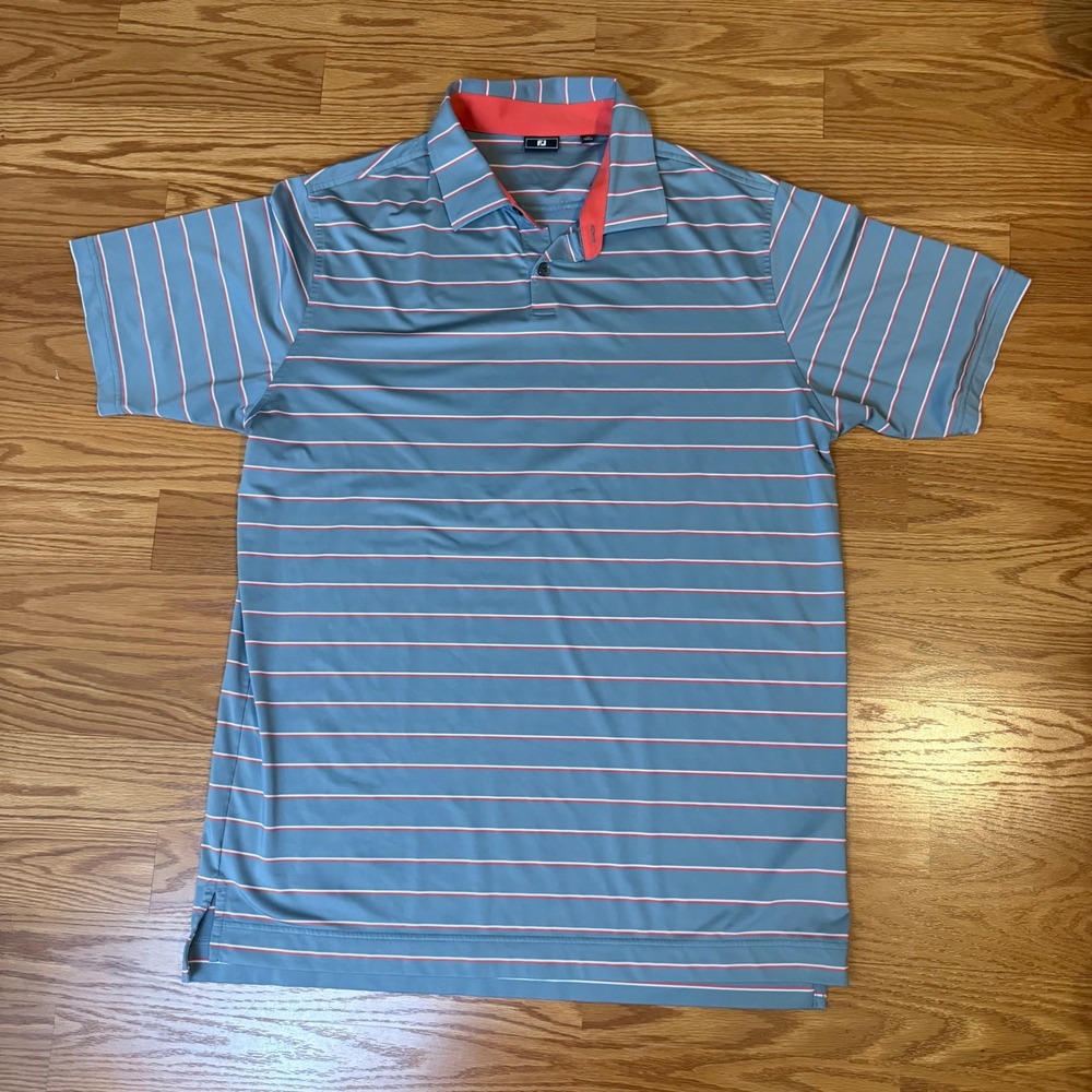 FootJoy Mens XL Striped‎ Golf Polo Shirt Blue Coral Performance Short Sleeve FJ